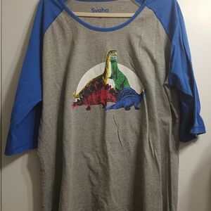 Women's Dinosaurs in 3D Glasses Graphic Shirt - Blue and Gray